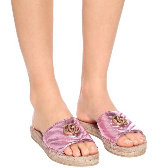Gucci Pink Metallic Leather Espadrille Sandals - Picture 11 of 13